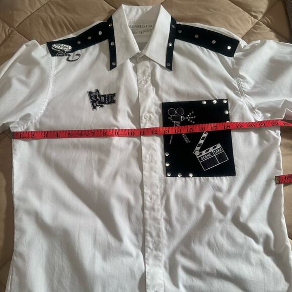 SCRAMBLE USA Unique Movie Theater Shirt. Black & White Studs on collar/shoulder - Picture 4 of 10